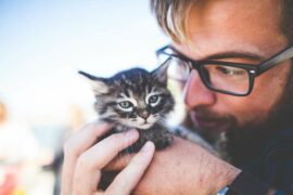 Man wearing glasses holding a kitten